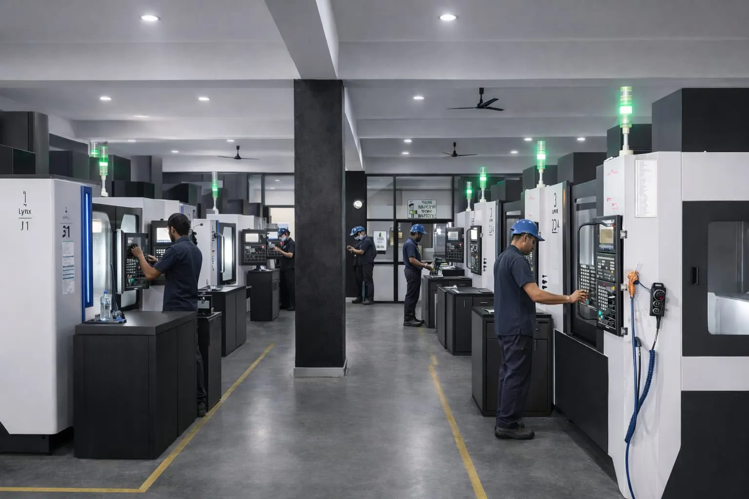 Operators running VMC machines on the EGT shop floor in Greater Noida